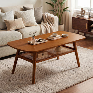2-Tier Boho Rattan Coffee Table with Rounded Corners-Walnut view 6
