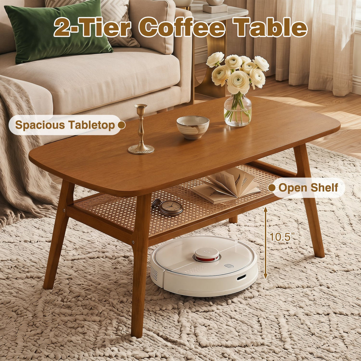 2-Tier Boho Rattan Coffee Table with Rounded Corners-Walnut view 7
