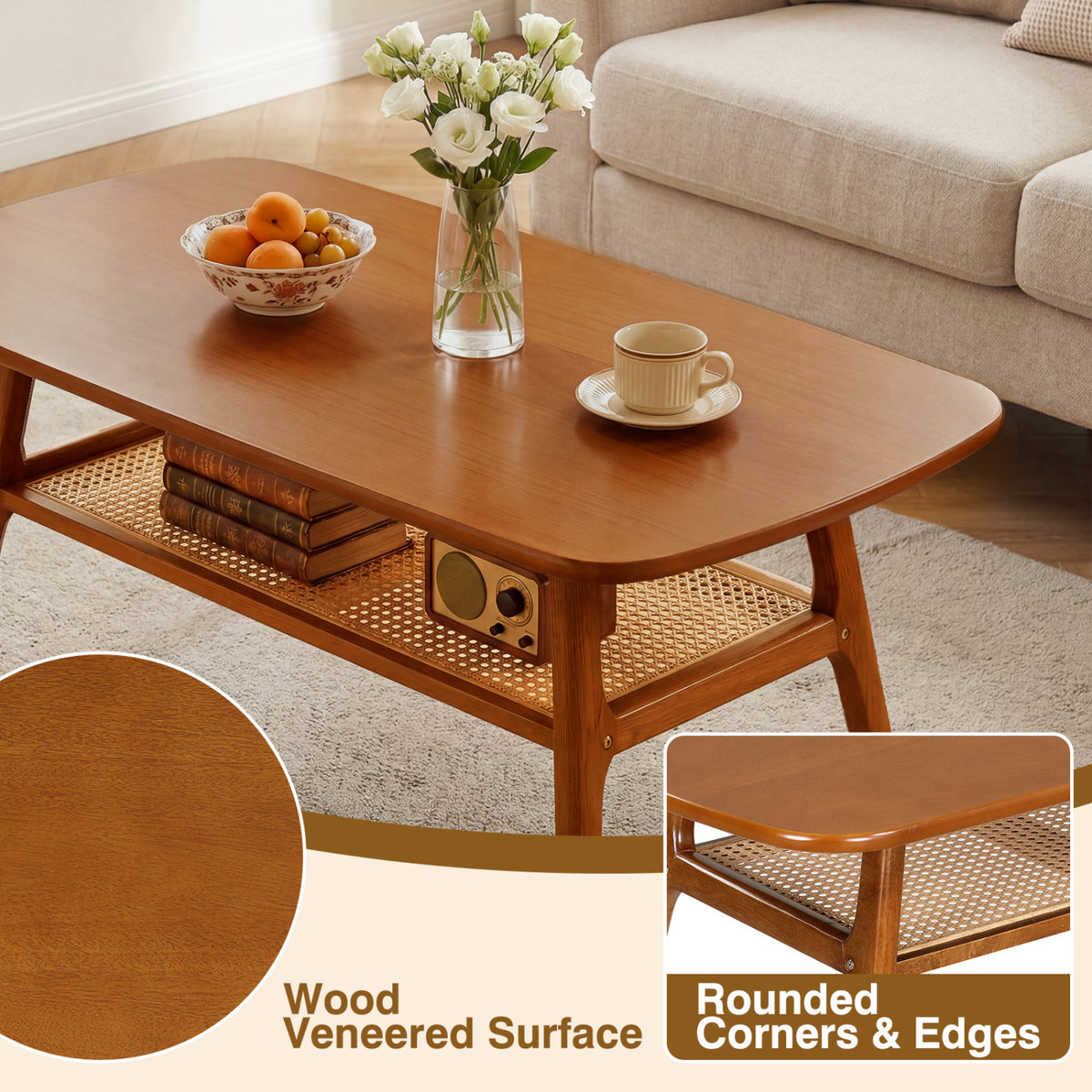 2-Tier Boho Rattan Coffee Table with Rounded Corners-Walnut view 8
