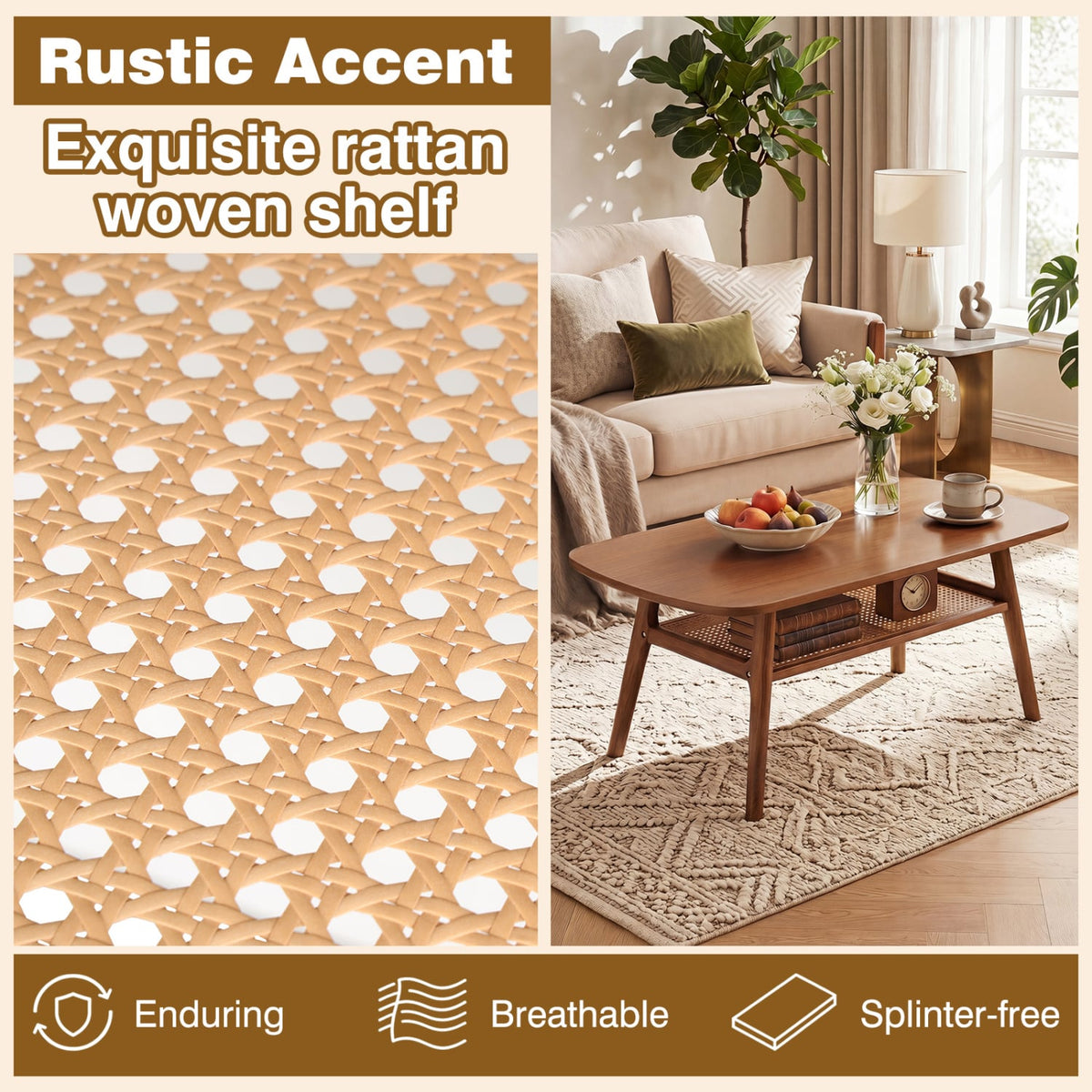 2-Tier Boho Rattan Coffee Table with Rounded Corners-Walnut view 9