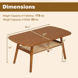 2-Tier Boho Rattan Coffee Table with Rounded Corners-Walnut view 5