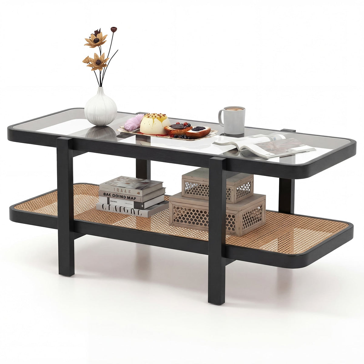 2-Tier Coffee Table with Storage and Tempered Glass Tabletop-Black view 4