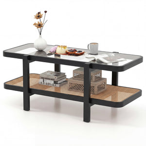 2-Tier Coffee Table with Storage and Tempered Glass Tabletop-Black view 4