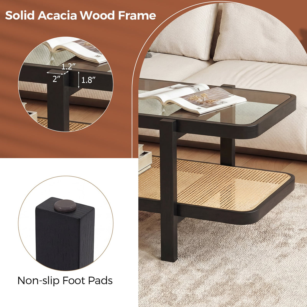 2-Tier Coffee Table with Storage and Tempered Glass Tabletop-Black view 7