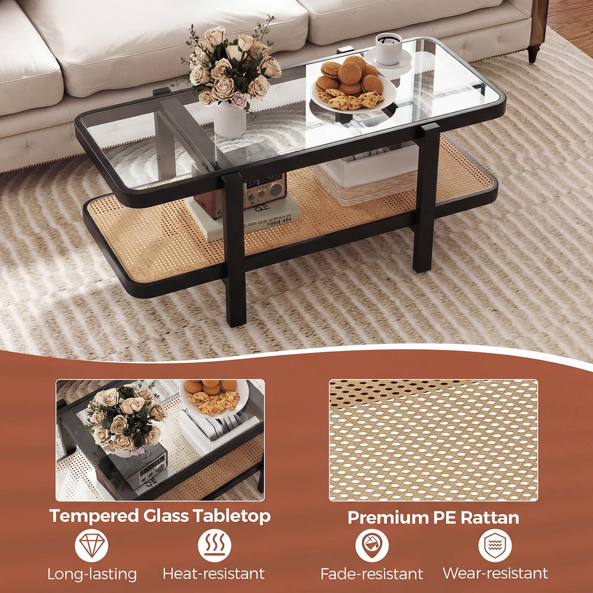 2-Tier Coffee Table with Storage and Tempered Glass Tabletop-Black view 8