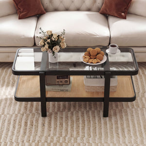 2-Tier Coffee Table with Storage and Tempered Glass Tabletop-Black view 2