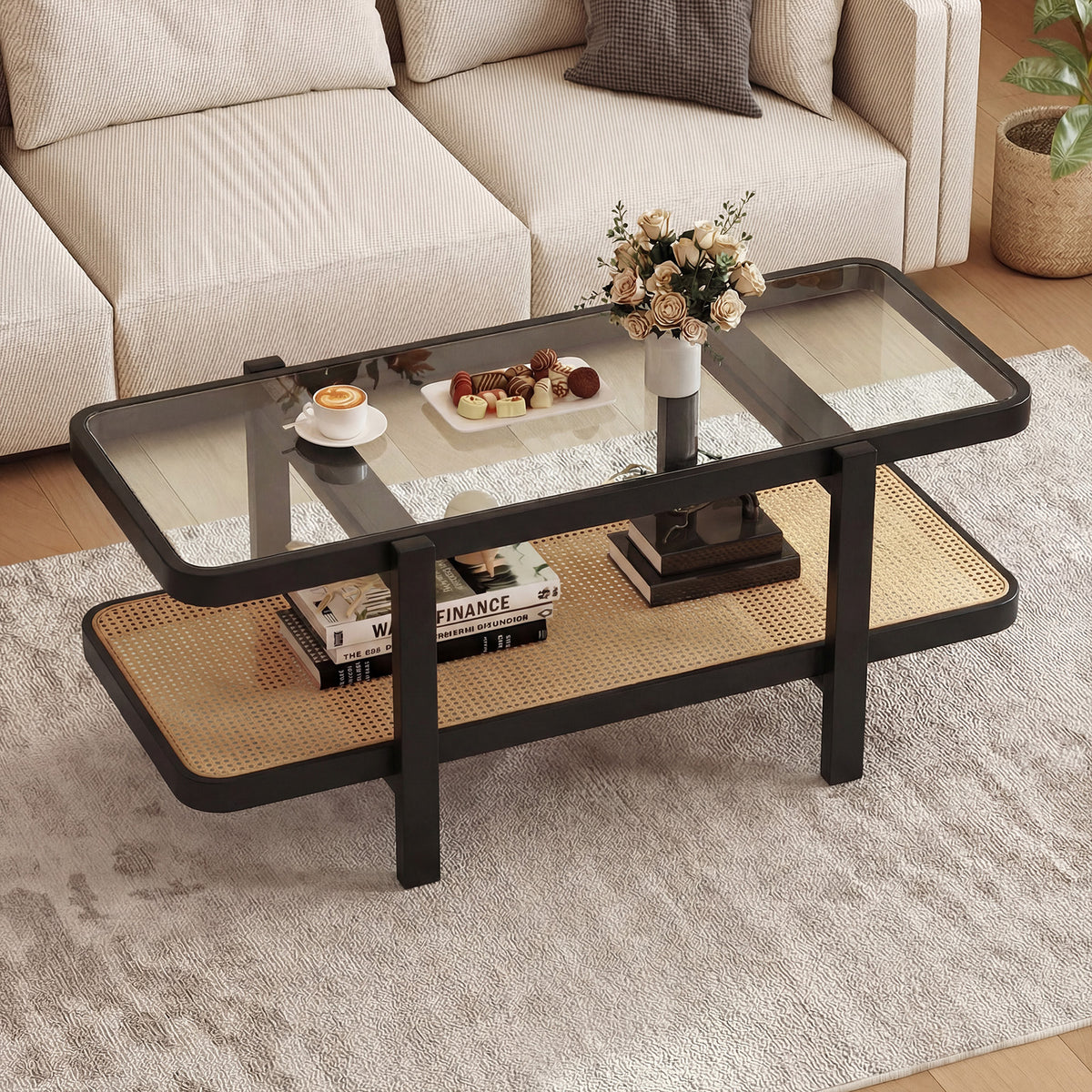 2-Tier Coffee Table with Storage and Tempered Glass Tabletop-Black view 3