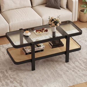 2-Tier Coffee Table with Storage and Tempered Glass Tabletop-Black view 3