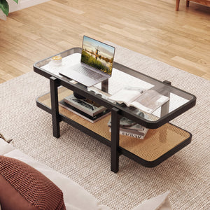 2-Tier Coffee Table with Storage and Tempered Glass Tabletop-Black view 6