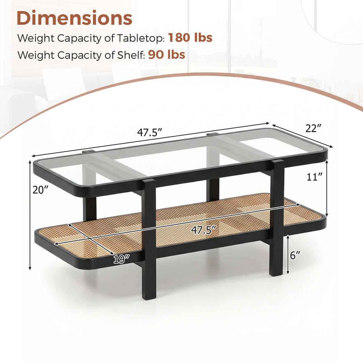 2-Tier Coffee Table with Storage and Tempered Glass Tabletop-Black view 5