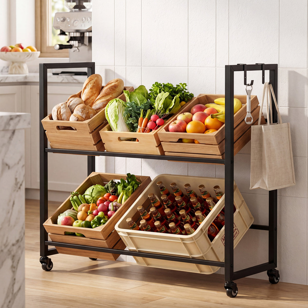 2-Tier Drink Crate Rack with 4 Universal Wheels for Beer and Water Kitchen and Bar-Black view 2