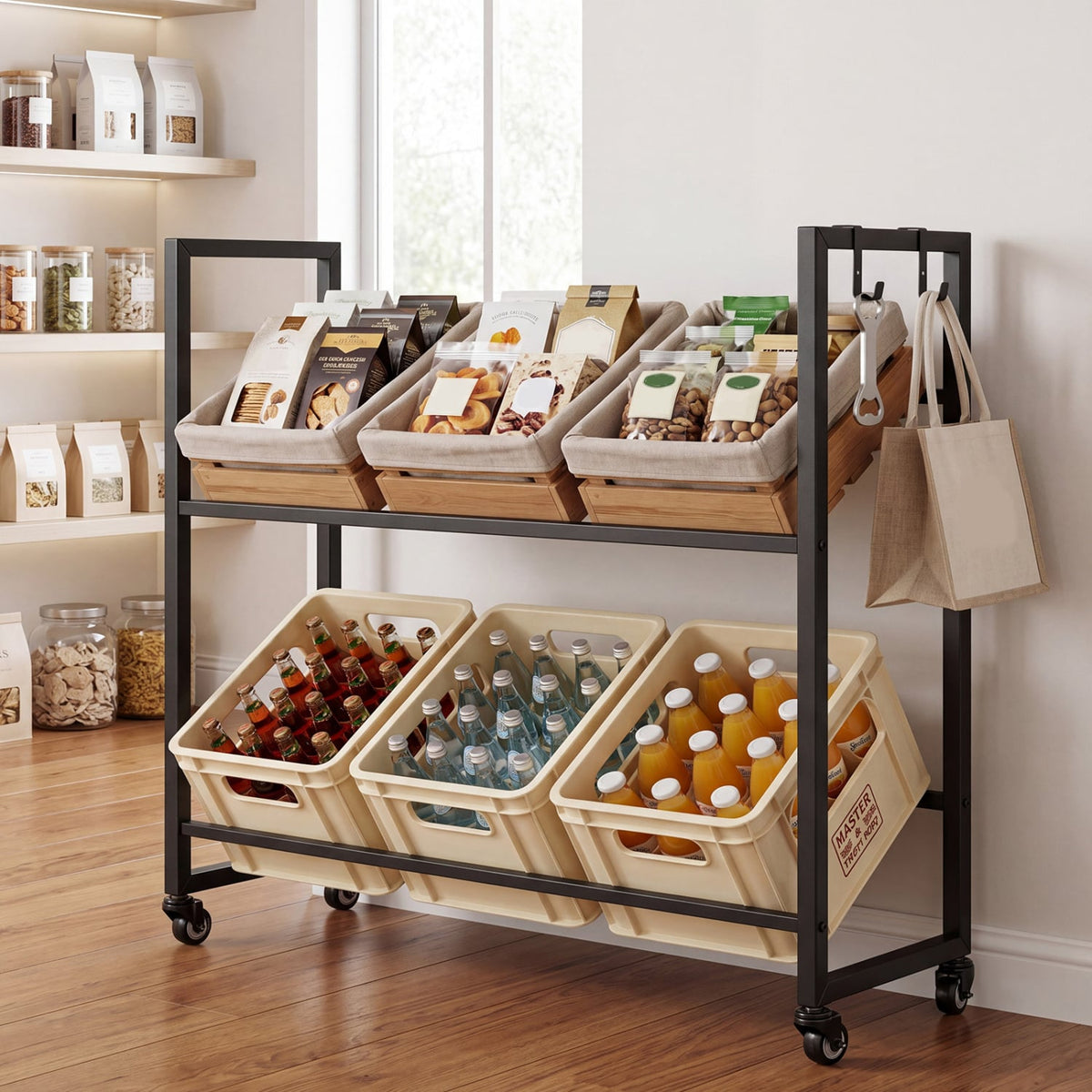 2-Tier Drink Crate Rack with 4 Universal Wheels for Beer and Water Kitchen and Bar-Black view 3