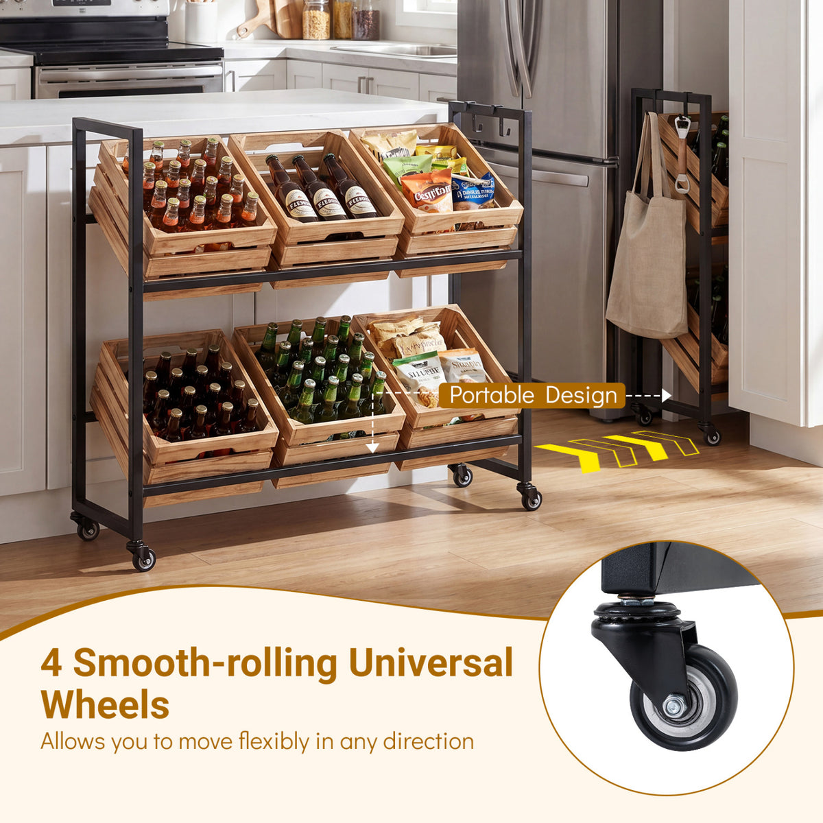 2-Tier Drink Crate Rack with 4 Universal Wheels for Beer and Water Kitchen and Bar-Black view 6