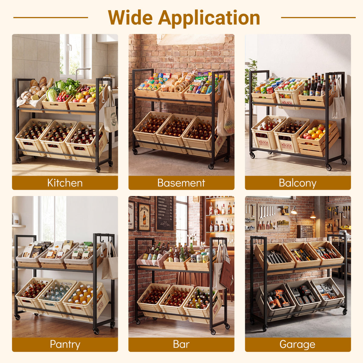 2-Tier Drink Crate Rack with 4 Universal Wheels for Beer and Water Kitchen and Bar-Black view 7