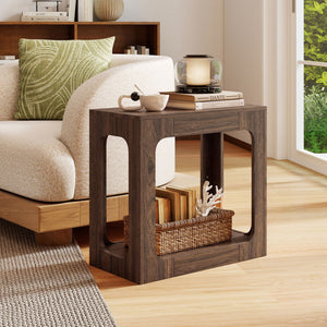 2-Tier End Table with Storage Shelf for Living Room-Walnut view 3
