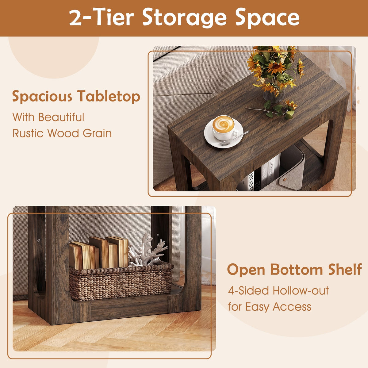 2-Tier End Table with Storage Shelf for Living Room-Walnut view 7