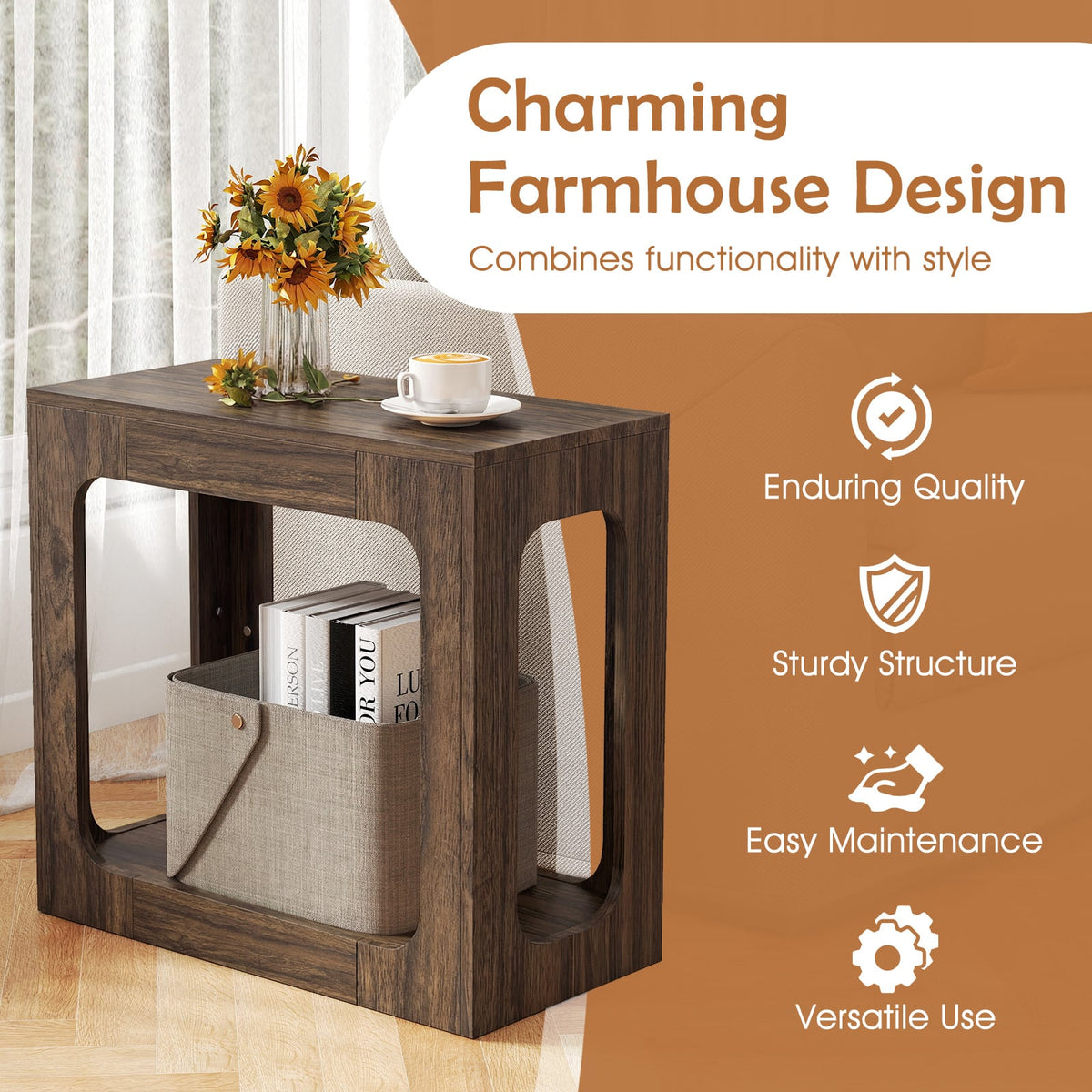 2-Tier End Table with Storage Shelf for Living Room-Walnut view 8