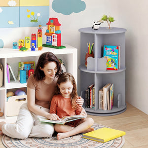 2 Tier Freestanding Kids Rotating Bookshelf Storage Rack with Bear Baffles-Gray view 2