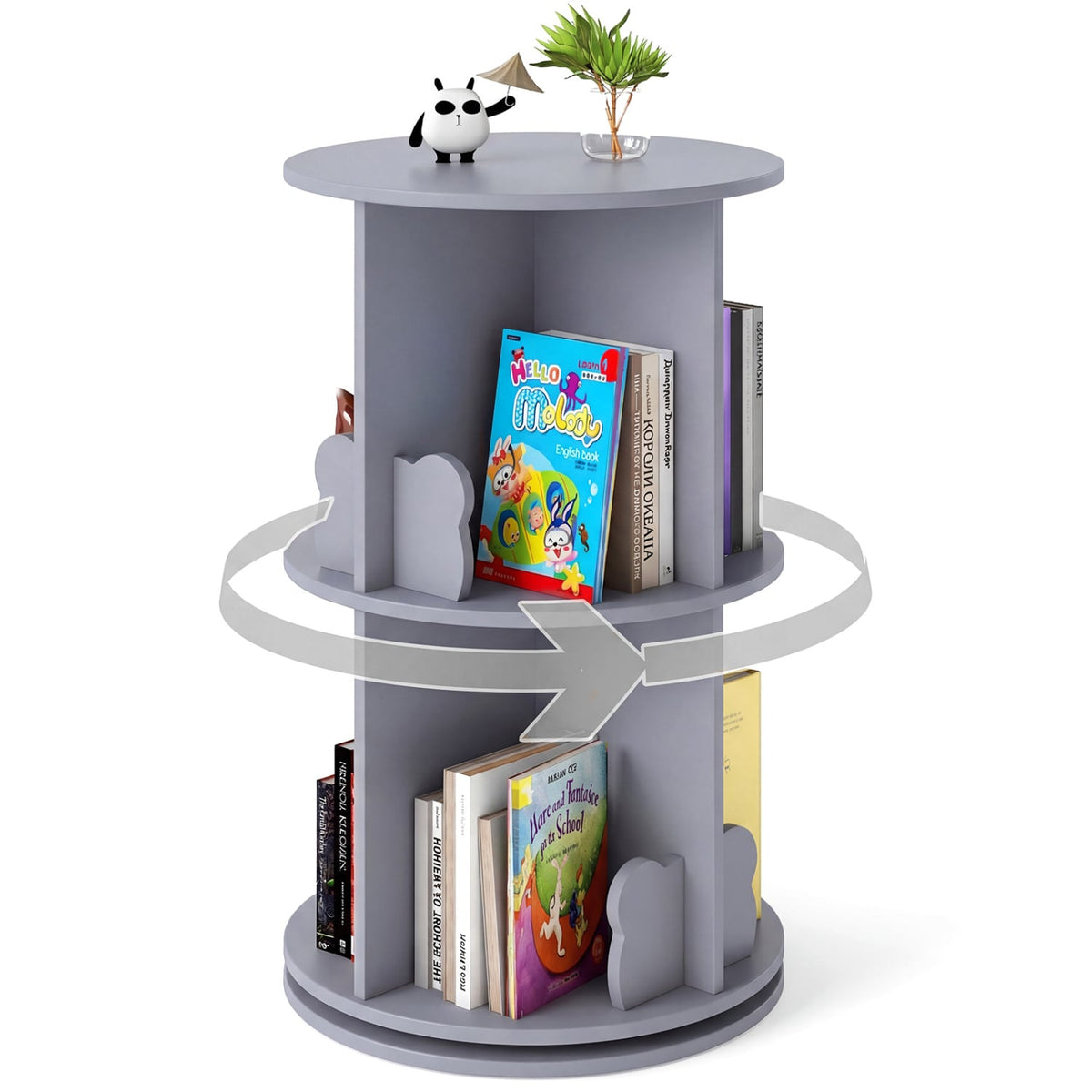 2 Tier Freestanding Kids Rotating Bookshelf Storage Rack with Bear Baffles-Gray view 4
