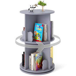 2 Tier Freestanding Kids Rotating Bookshelf Storage Rack with Bear Baffles-Gray view 4