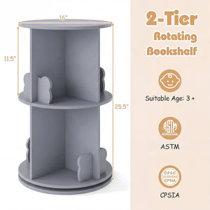 2 Tier Freestanding Kids Rotating Bookshelf Storage Rack with Bear Baffles-Gray view 5