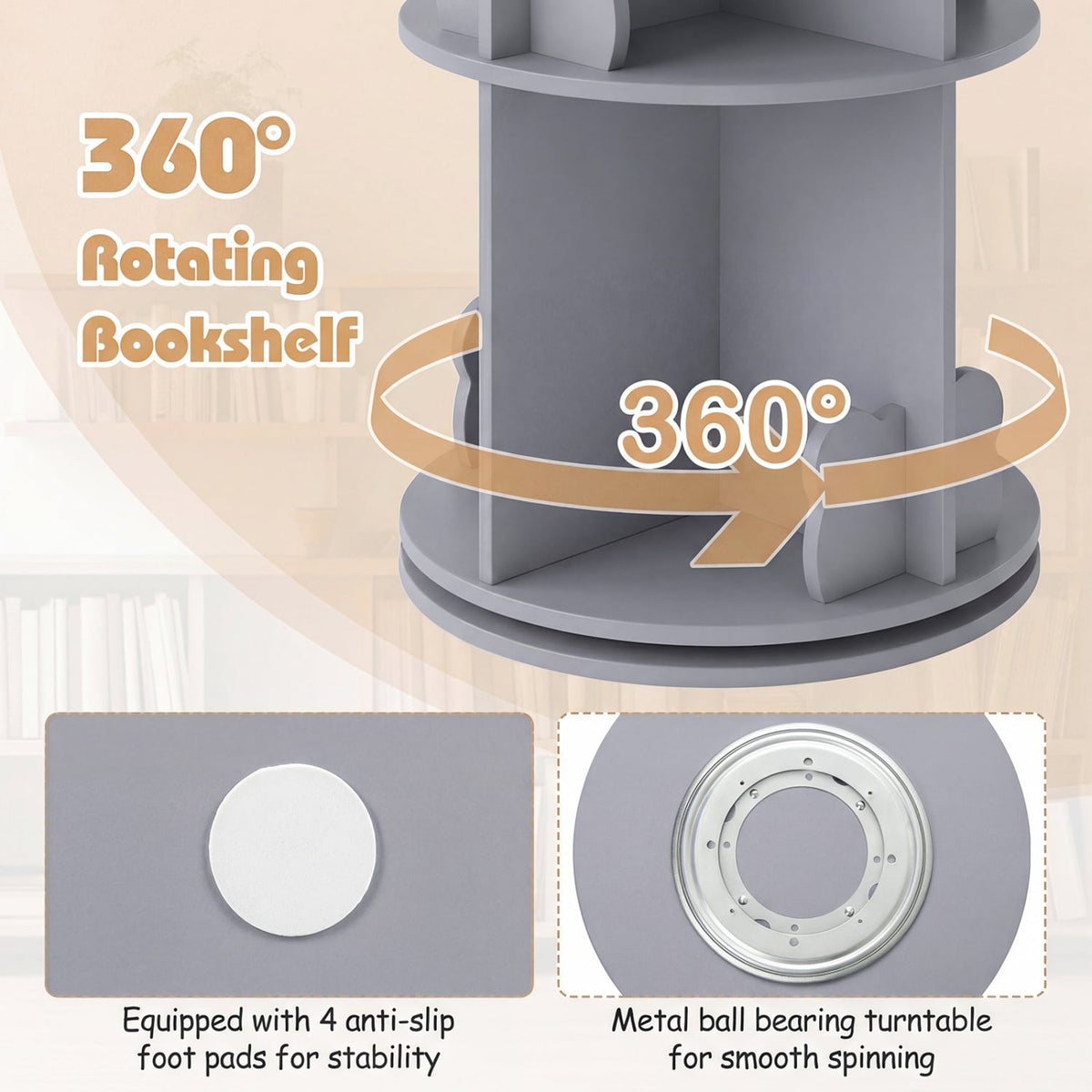2 Tier Freestanding Kids Rotating Bookshelf Storage Rack with Bear Baffles-Gray view 6