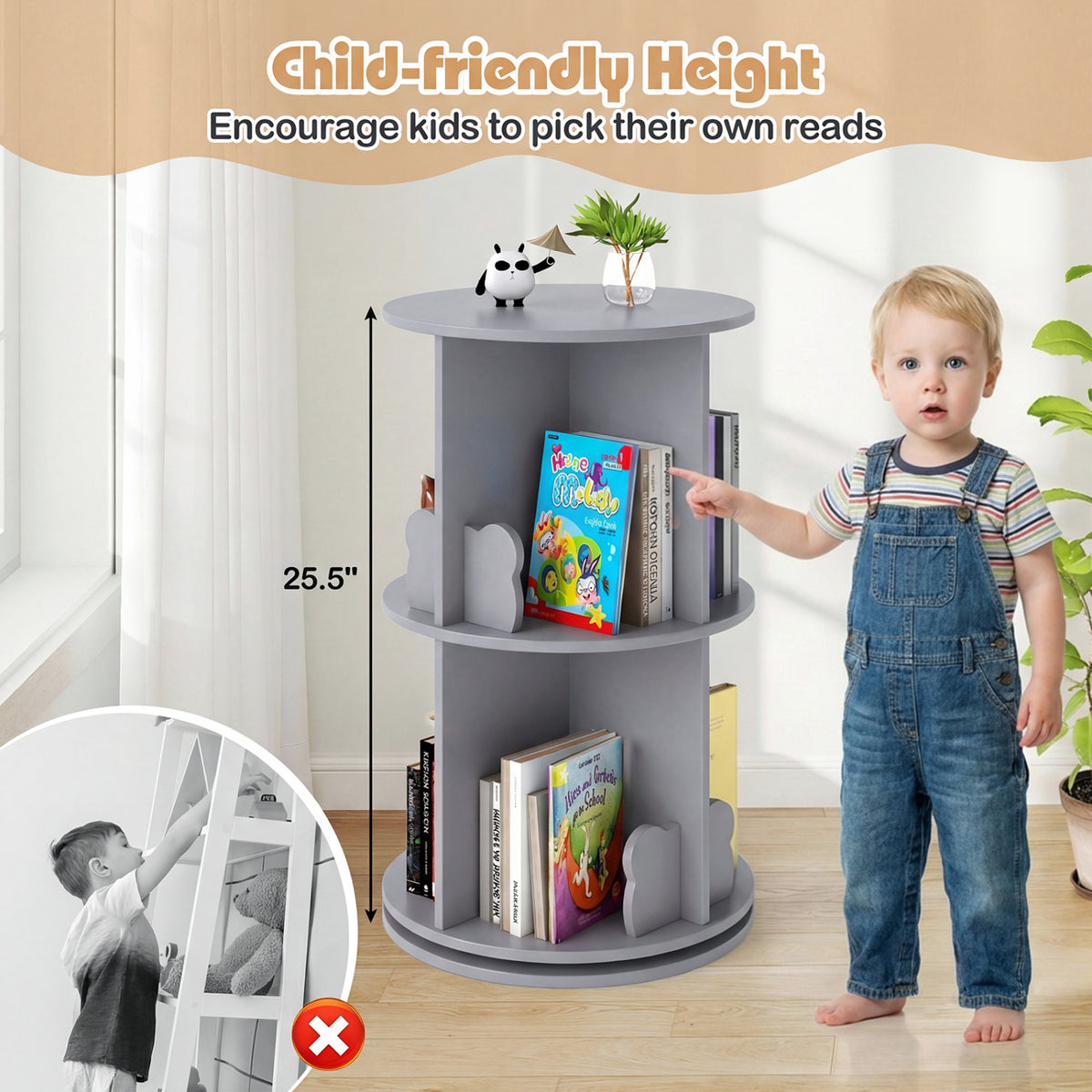 2 Tier Freestanding Kids Rotating Bookshelf Storage Rack with Bear Baffles-Gray view 7