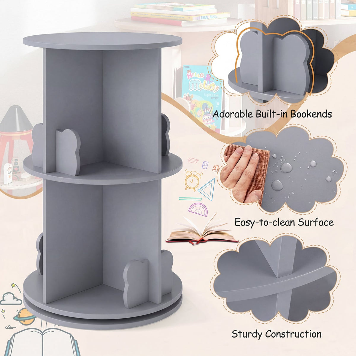 2 Tier Freestanding Kids Rotating Bookshelf Storage Rack with Bear Baffles-Gray view 8