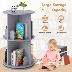 2 Tier Freestanding Kids Rotating Bookshelf Storage Rack with Bear Baffles-Gray view 9