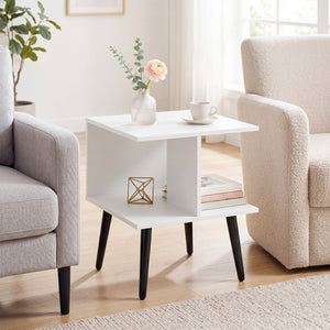 2-Tier Mid Century Modern End Table with 2 Compartments and Metal Legs-White view 2