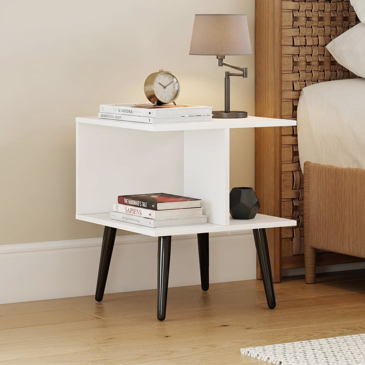 2-Tier Mid Century Modern End Table with 2 Compartments and Metal Legs-White view 3