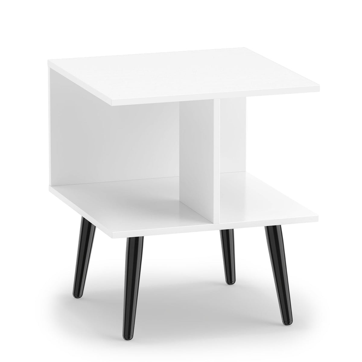 2-Tier Mid Century Modern End Table with 2 Compartments and Metal Legs-White