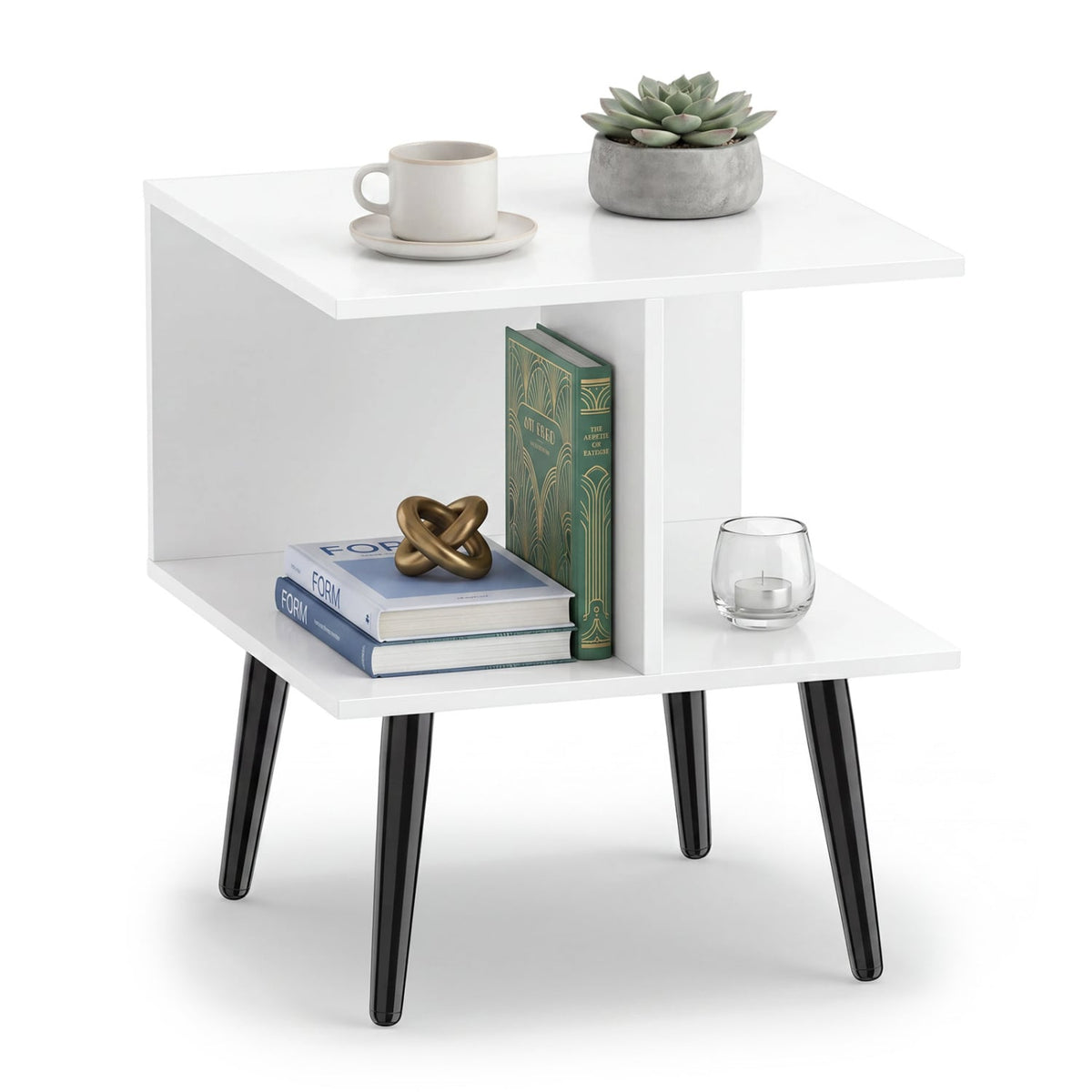 2-Tier Mid Century Modern End Table with 2 Compartments and Metal Legs-White view 4