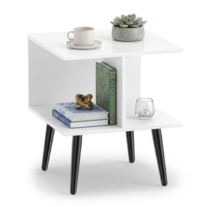 2-Tier Mid Century Modern End Table with 2 Compartments and Metal Legs-White view 4
