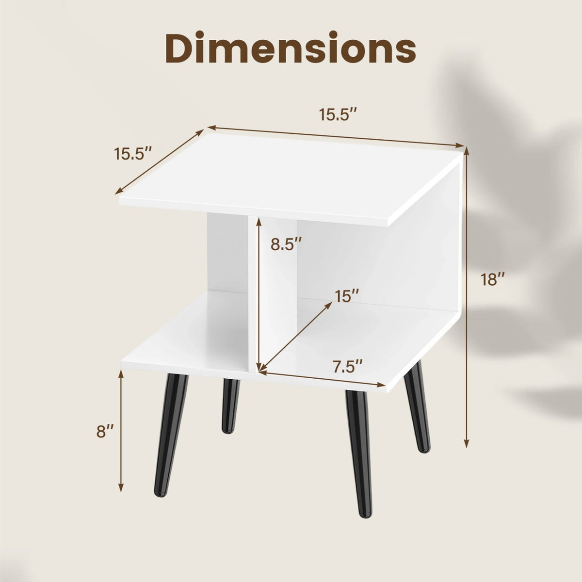 2-Tier Mid Century Modern End Table with 2 Compartments and Metal Legs-White view 5