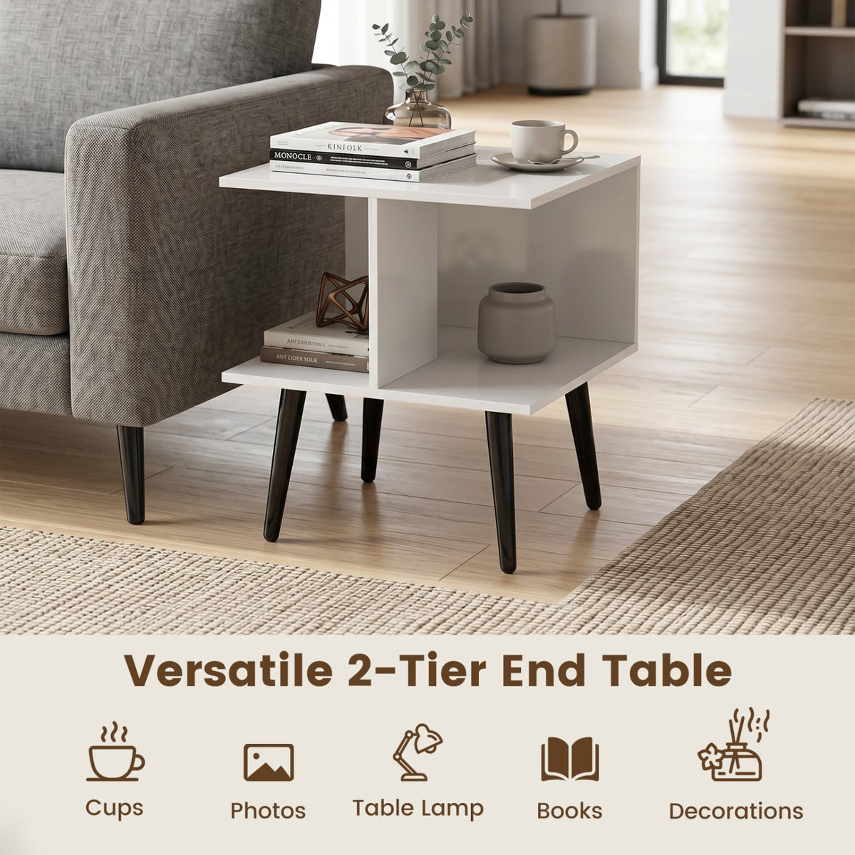 2-Tier Mid Century Modern End Table with 2 Compartments and Metal Legs-White view 8