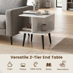 2-Tier Mid Century Modern End Table with 2 Compartments and Metal Legs-White view 8