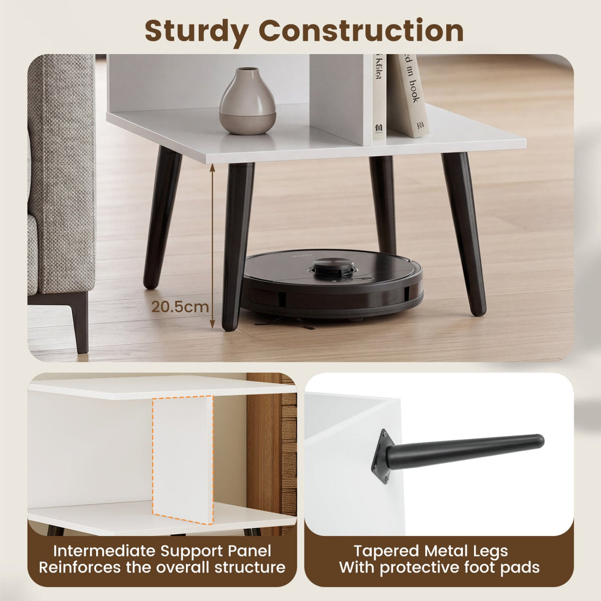 2-Tier Mid Century Modern End Table with 2 Compartments and Metal Legs-White view 9