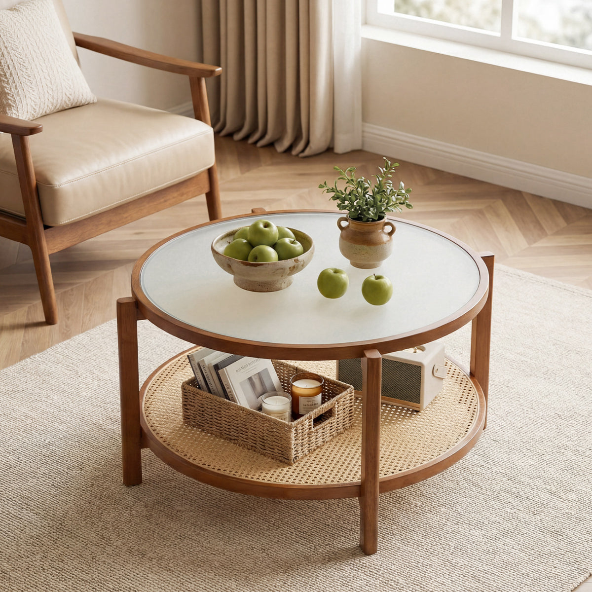 2-Tier Rattan Coffee Table with Frosted Tempered Glass Top and Wood Legs-Walnut view 2