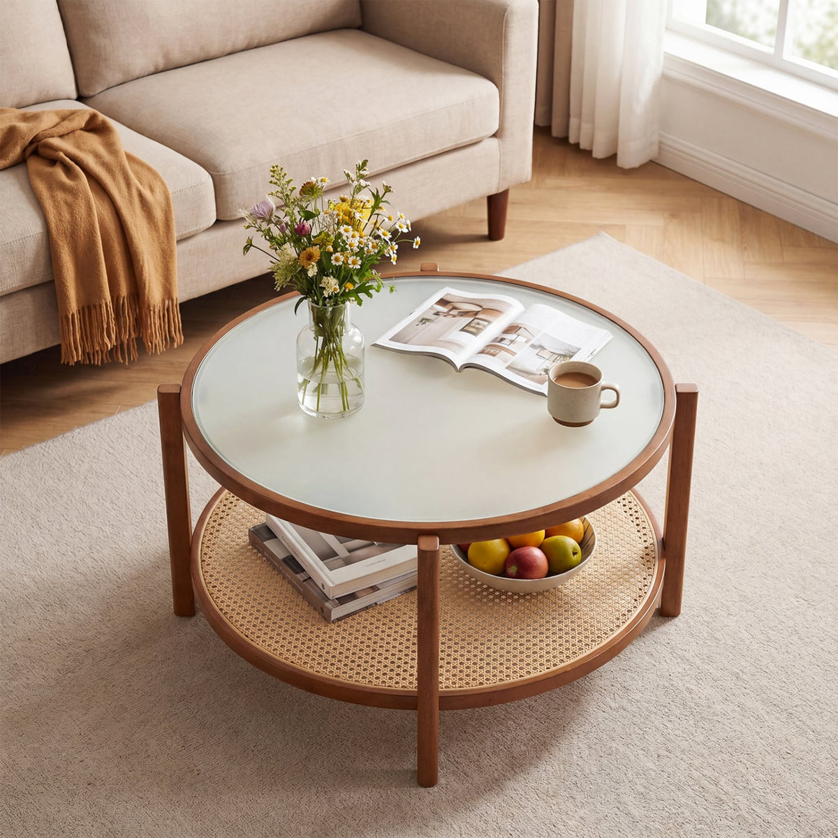 2-Tier Rattan Coffee Table with Frosted Tempered Glass Top and Wood Legs-Walnut view 3