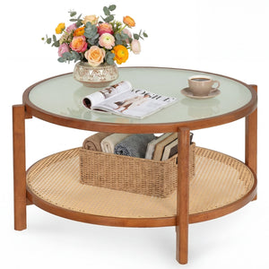 2-Tier Rattan Coffee Table with Frosted Tempered Glass Top and Wood Legs-Walnut view 4