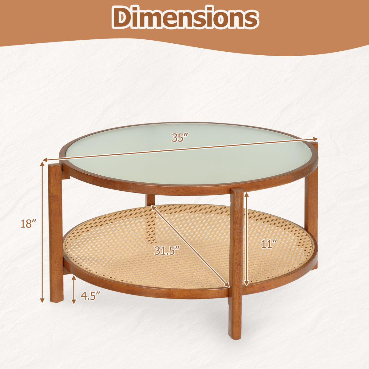 2-Tier Rattan Coffee Table with Frosted Tempered Glass Top and Wood Legs-Walnut view 5