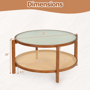2-Tier Rattan Coffee Table with Frosted Tempered Glass Top and Wood Legs-Walnut view 5