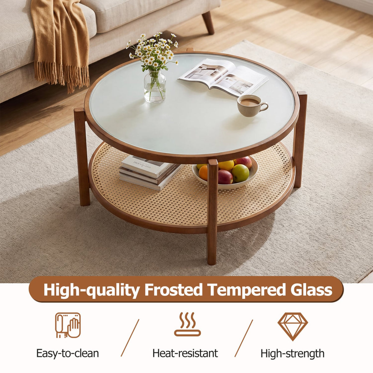 2-Tier Rattan Coffee Table with Frosted Tempered Glass Top and Wood Legs-Walnut view 6