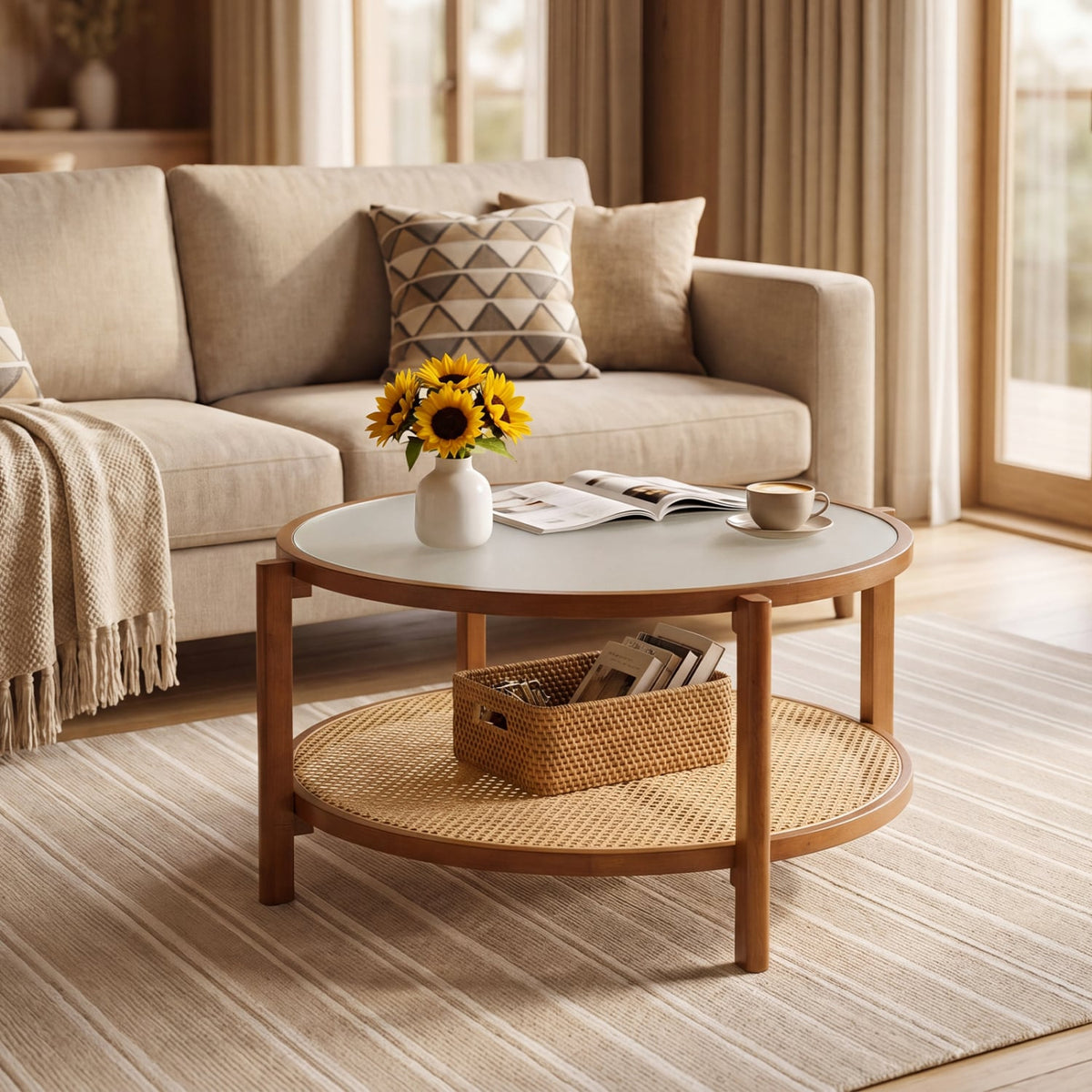 2-Tier Rattan Coffee Table with Frosted Tempered Glass Top and Wood Legs-Walnut view 7