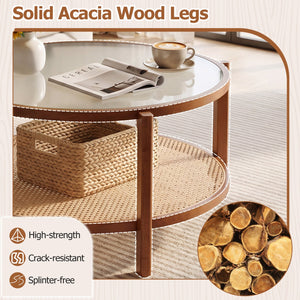 2-Tier Rattan Coffee Table with Frosted Tempered Glass Top and Wood Legs-Walnut view 8