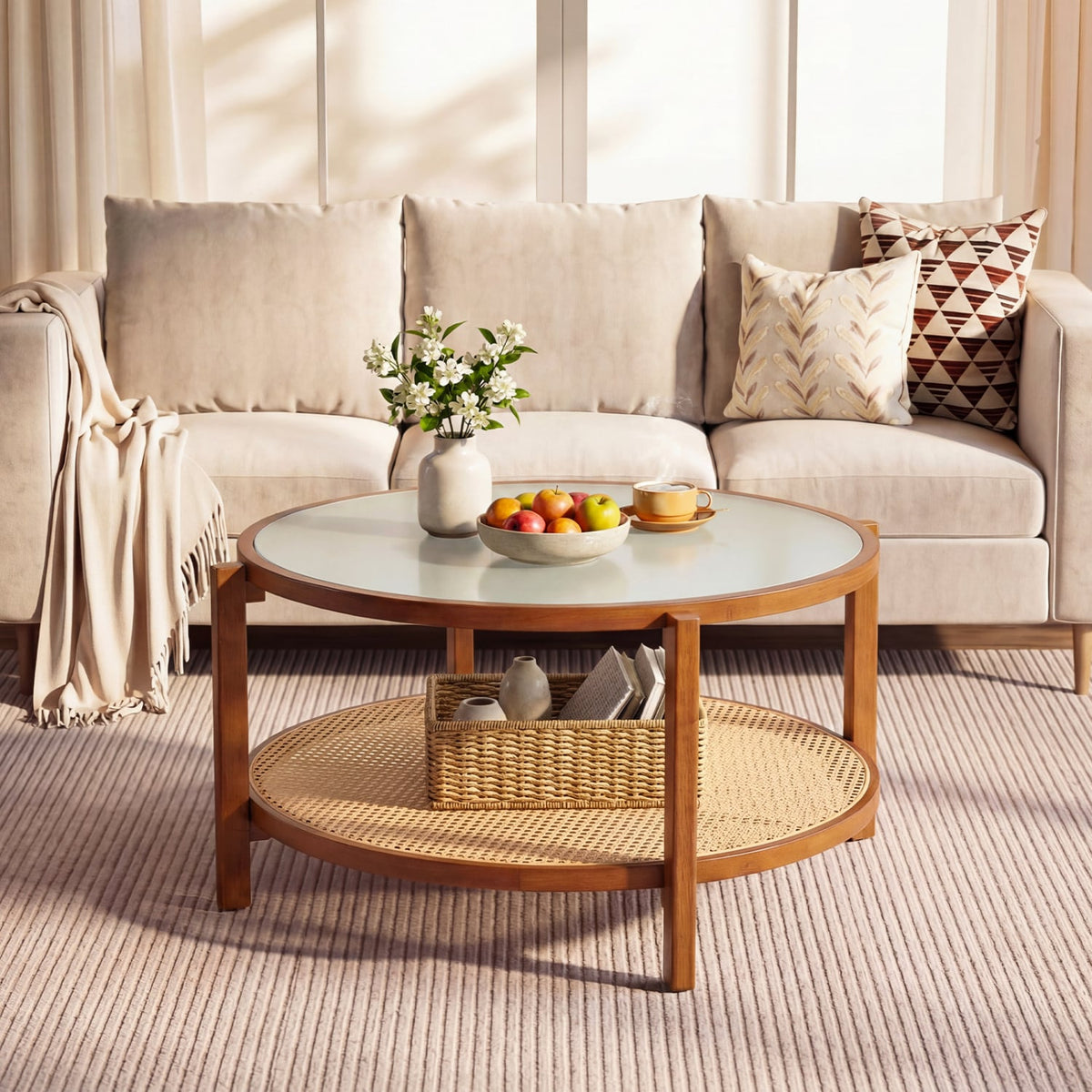 2-Tier Rattan Coffee Table with Frosted Tempered Glass Top and Wood Legs-Walnut view 9