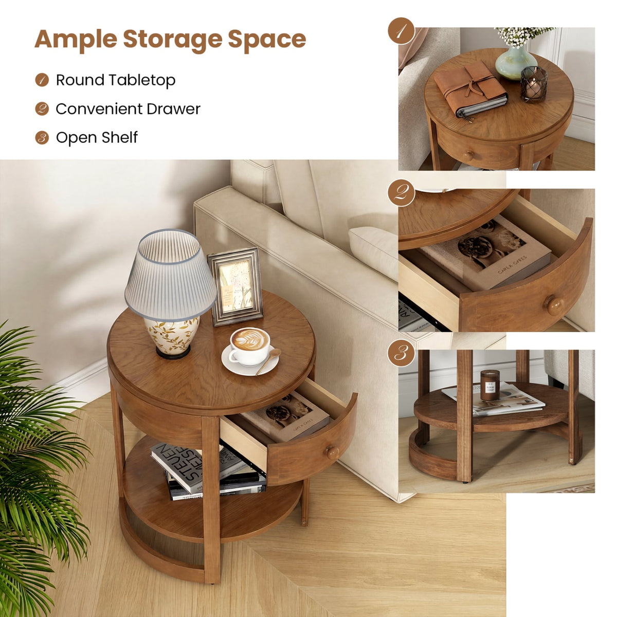 2-Tier Round End Table Mid Century Modern Nightstand Set of 2-Oak view 7