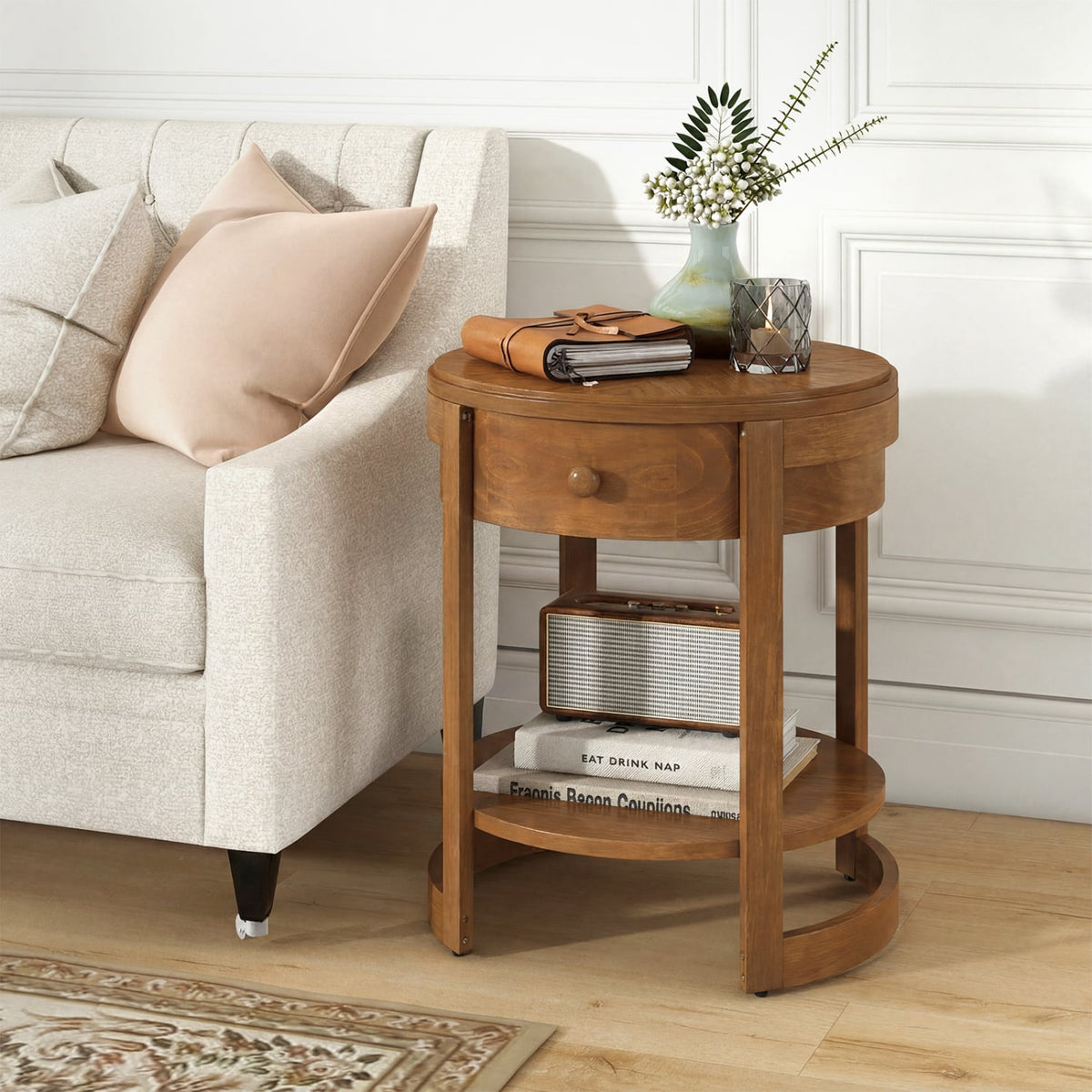 2-Tier Round End Table Mid Century Modern Nightstand Set of 2-Oak view 2