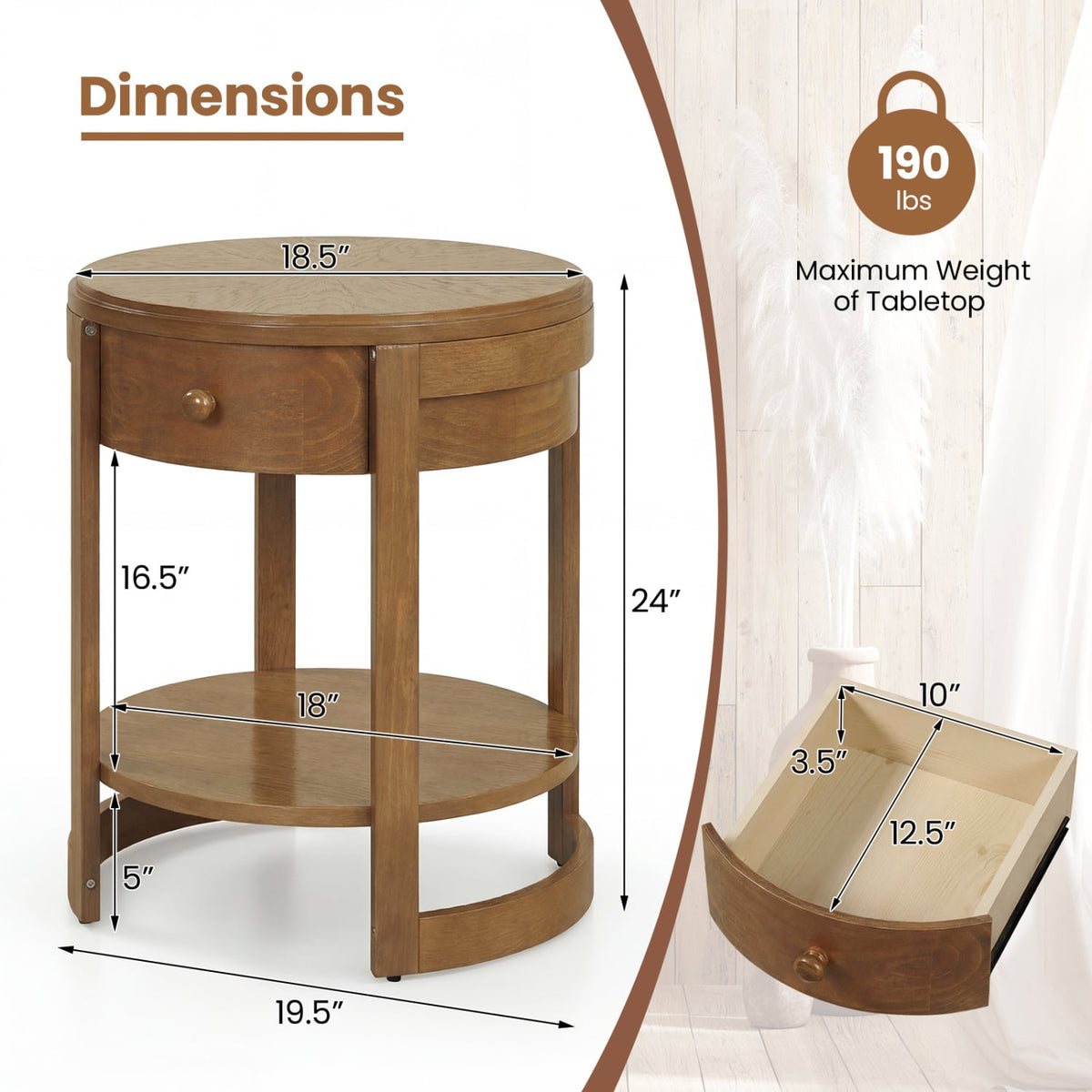 2-Tier Round End Table Mid Century Modern Nightstand Set of 2-Oak view 4